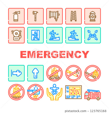 emergency fire exit safety escape icons set vector emergency fire exit safety escape icons set vector 123765168