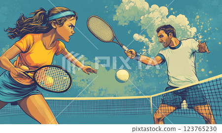 Dynamic pickleball duel between skilled players on a sunny court 123765230