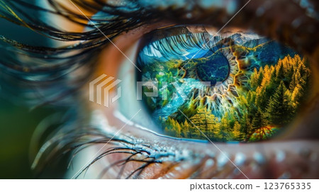 Eye Reflecting a Scenic Landscape with Forests, Mountains, and Rivers 123765335