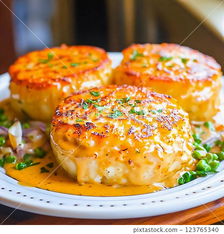 Homemade crab cakes on a plate with lemon 123765340