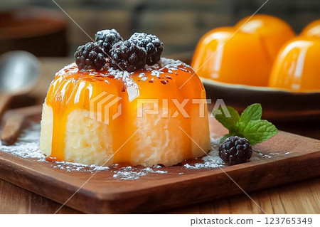 Vanilla panna cotta desert with caramel sause and chocolate in glasses Vanilla panna cotta desert with caramel sause and chocolate in glasses 123765349