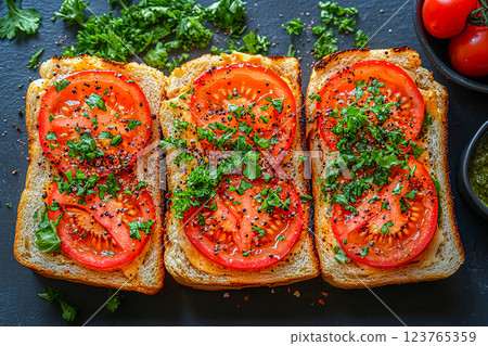 Delicious sandwich filled with fresh tomatoes on toasted bread Delicious sandwich filled with fresh tomatoes on toasted bread 123765359