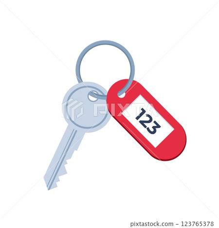 Door key from hotel room, apartment. Keyring, ring holder with private locking accessory and metal tag, pendant with number. Vector illustration. Door key from hotel room, apartment. Keyring, ring holder with private locking accessory and metal tag, pendant with number. Vector illustration. 123765378