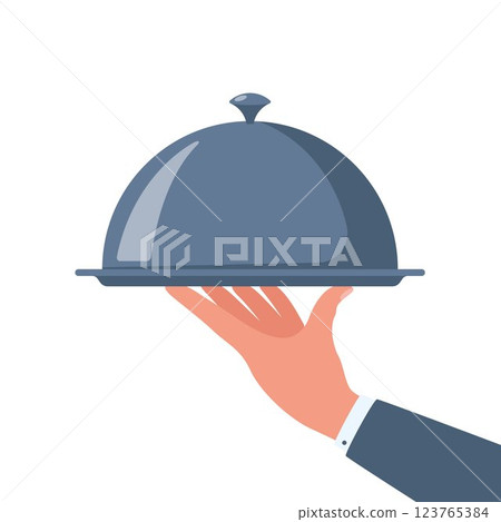 Waiter's hand holding tray for hot dishes. Illustration for design menu restaurant or cafe. Vector 123765384