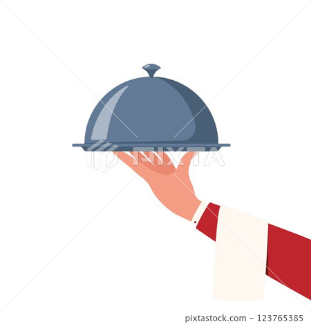 Waiter's hand holding tray for hot dishes. Illustration for design menu restaurant or cafe. Vector 123765385