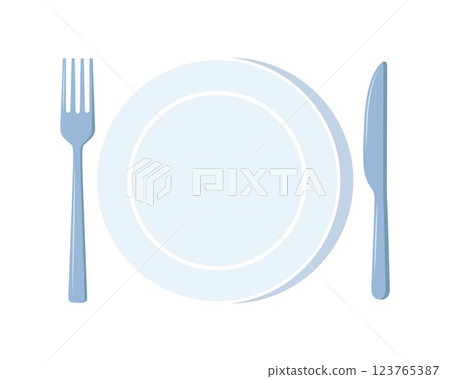 Plate, fork and knife icon in flat style. Bar, cafe, hotel concept. Simple eating icon. Vector illustration. 123765387