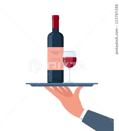 Waiters hand holding wine bottle and glass on the tray. Vector illustration. Waiters hand holding wine bottle and glass on the tray. Vector illustration. 123765388