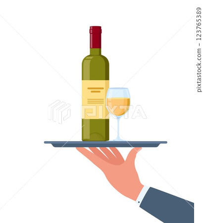 Waiters hand holding wine bottle and glass on the tray. Vector illustration. 123765389