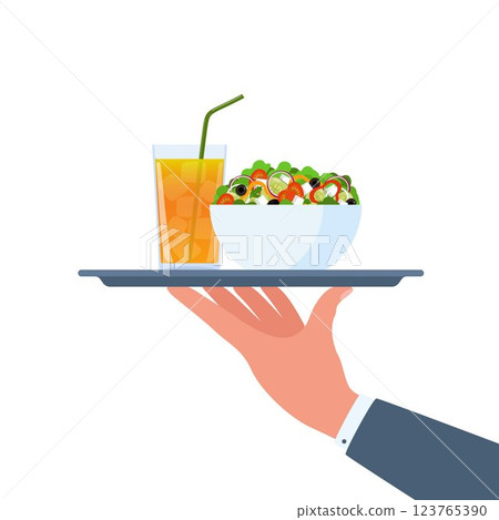 Waiters hand holding salad and soft drink on the tray. Vector illustration. 123765390