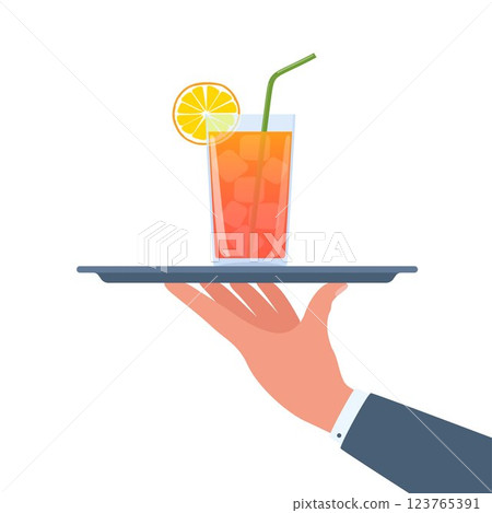 Waiters hand holding cocktail drink on the tray. Vector illustration. 123765391