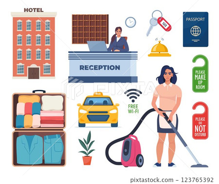 Hotel and Hospitality icon set. Lodging industry. Restaurant and hotel service. Vector illustration. Hotel and Hospitality icon set. Lodging industry. Restaurant and hotel service. Vector illustration. 123765392