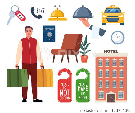 Hotel and Hospitality icon set. Lodging industry. Restaurant and hotel service. Vector illustration. Hotel and Hospitality icon set. Lodging industry. Restaurant and hotel service. Vector illustration. 123765393