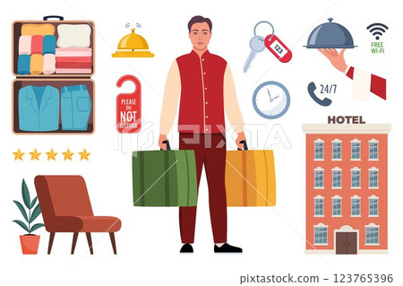 Hotel and Hospitality icon set. Lodging industry. Restaurant and hotel service. Vector illustration. Hotel and Hospitality icon set. Lodging industry. Restaurant and hotel service. Vector illustration. 123765396