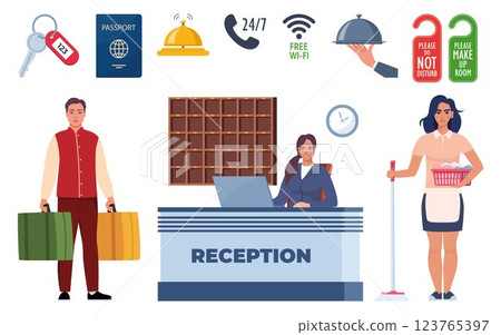 Hotel and Hospitality icon set. Lodging industry. Restaurant and hotel service. Vector illustration. Hotel and Hospitality icon set. Lodging industry. Restaurant and hotel service. Vector illustration. 123765397