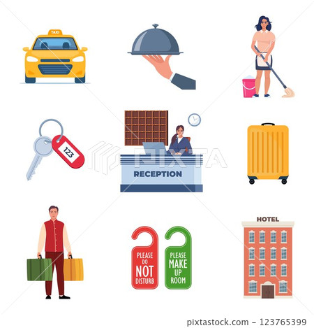Hotel and Hospitality icon set. Lodging industry. Restaurant and hotel service. Vector illustration. 123765399