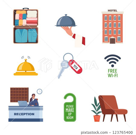 Hotel and Hospitality icon set. Lodging industry. Restaurant and hotel service. Vector illustration. Hotel and Hospitality icon set. Lodging industry. Restaurant and hotel service. Vector illustration. 123765400