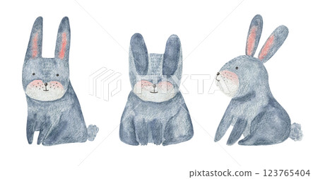 Cute watercolor painting gray rabbits with pink ears for Happy Easter design. Childish spring holiday watercolour funny little hare for greeting cards, baby shower poster, nursery sticker 123765404