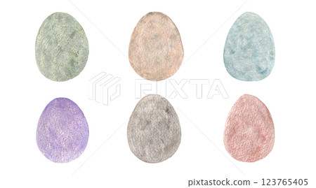 Cute watercolor illustration of light pastel colorful Happy Easter eggs. Lovely set of colored chicken egg for spring holiday decor, greeting card design, pattern, banner, holiday poster 123765405