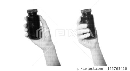 Two hands holding black bottles in halftone effect. Minimalist black and white graphic design for posters and print materials Two hands holding black bottles in halftone effect. Minimalist black and white graphic design for posters and print materials 123765416