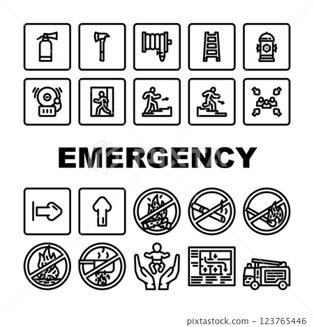 emergency fire exit safety escape icons set vector 123765446