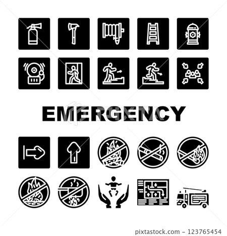 emergency fire exit safety escape icons set vector 123765454
