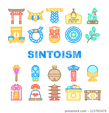 shinto japan shrine travel icons set vector shinto japan shrine travel icons set vector 123765478
