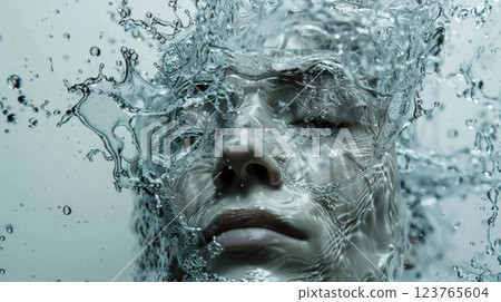 Surreal Face Submerged in Water With Dynamic Splashing and Ripples 123765604