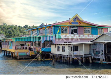 Vibrant wooden houses on stilts in Kampong Ayer, Bandar Seri Begawan during a sunny afternoon 123765612
