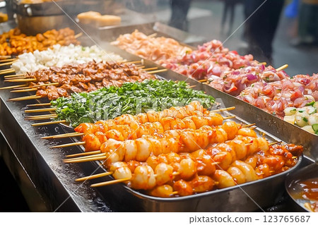 Various skewered dishes at a market in Southeast Asia. Street food 123765687