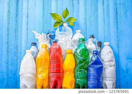 Colorful display of plastic bottles with a green plant against a vibrant blue background 123765691