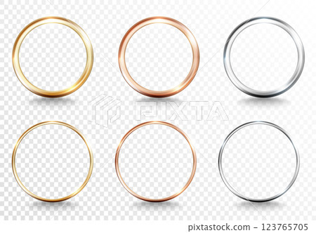 Set of golden, silver, and bronze ring frames, glowing light effects on a transparent background. Elegant luxury vector design elements for wedding invitation, decorative composition, digital artwork 123765705