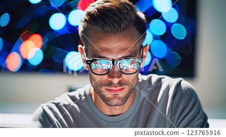Focused software engineer typing code intensely, working late with urban skyline reflected in glasses, illuminating modern home office environment during nighttime programming session Focused software engineer typing code intensely, working late with urban skyline reflected in glasses, illuminating modern home office environment during nighttime programming session 123765916