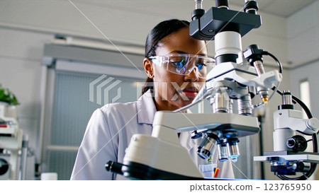 Afro American scientist examining samples with advanced microscope in laboratory. Afro American scientist uses microscope with precision, showcasing dedication to scientific research and exploration. 123765950