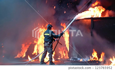Firefighter battles towering flames, directing water against intense heat, overwhelming disaster spreads, fearless firefighter pushes forward against relentless flames. 123765952