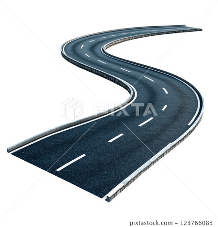 Curved asphalt road with white dashed lane markings isolated on a transparent background. Winding highway with guardrails, creating a perspective effect, suitable for transportation. 123766083