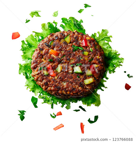 Vegetable burger patty with diced bell peppers and zucchini on a bed of fresh lettuce, isolated on a transparent background. A healthy, plant-based meat alternative rich in fiber and nutrients 123766088
