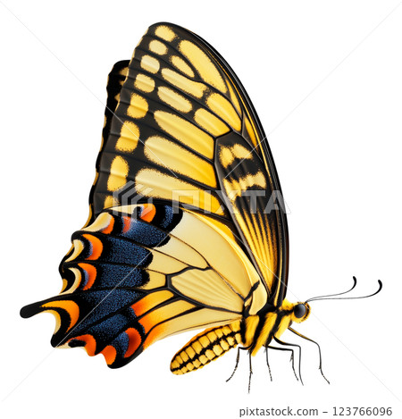 Realistic butterfly isolated on a transparent background. Detailed yellow and black swallowtail butterfly with intricate wing patterns, symbolizing nature and biodiversity. 123766096