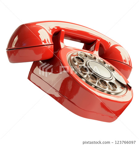 Classic red rotary telephone isolated on a transparent background. Vintage retro landline phone with a coiled cord and rotary dial, symbolizing old-fashioned communication and nostalgia. 123766097