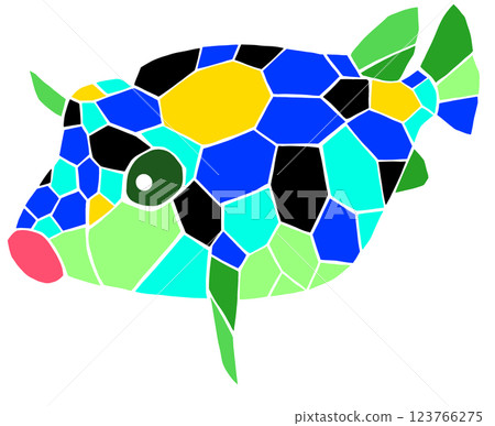 美麗的彩色玻璃風格剪切插圖,描繪了一條鹹水魚,箱魨,沒有接縫 美麗的彩色玻璃風格剪切插圖,描繪了一條鹹水魚,箱魨,沒有接縫 123766275