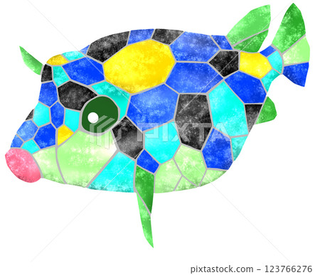 一幅可愛的馬賽克風格剪紙插圖，描繪了一種名為箱魨的鹹水魚 123766276