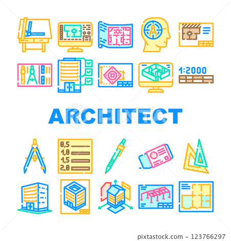 architectural drafter drawing icons set vector 123766297