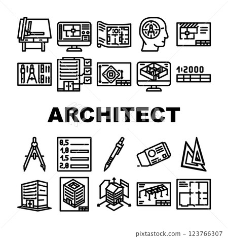 architectural drafter drawing icons set vector 123766307