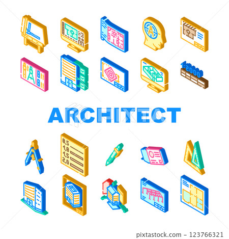 architectural drafter drawing icons set vector architectural drafter drawing icons set vector 123766321