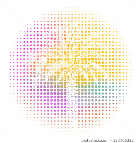 Abstract palm tree in a circle at sunset. Circle icon with tropical landscape. Paradise island. hand drawn. Not AI, Vector illustration 123766322