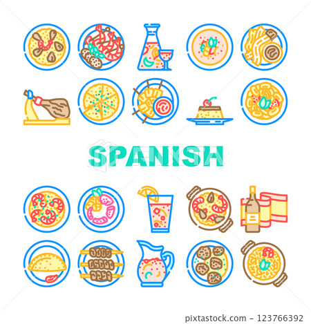 spanish cuisine food spain paella icons set vector 123766392