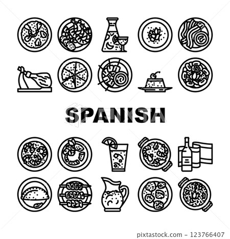 spanish cuisine food spain paella icons set vector 123766407