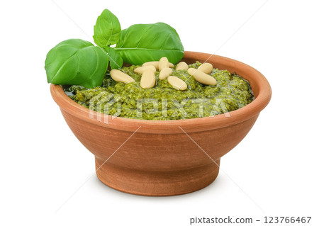 Pesto sauce in ceramic bowl isolated on white background 123766467
