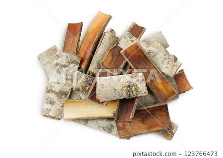 piece of aspen bark. Isolated on white background. Top view, flat lay 123766473