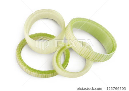 sliced Leek vegetable isolated on white background. Top view. Flat lay 123766503