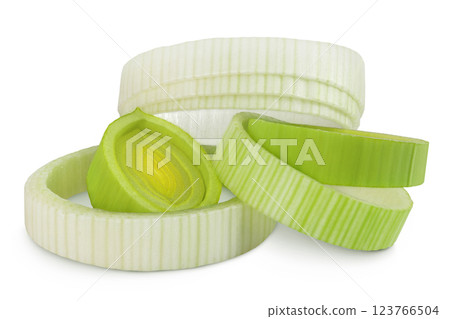 sliced Leek vegetable isolated on white background with full depth of field 123766504